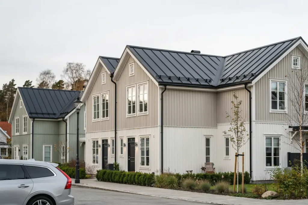slutf rd bandt ckning med dubbelfalsad takpl t p radhus i oskarstr m halland